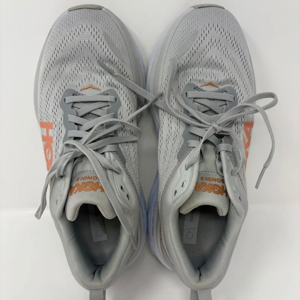 Hoka Bondi 8 Womens Size 8 Grey Orange White Athletic Running Shoes Sneakers